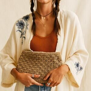 Vintage 1970s HAndmade Boho Khaki LArge Crochet Clutch Purse HAndbag